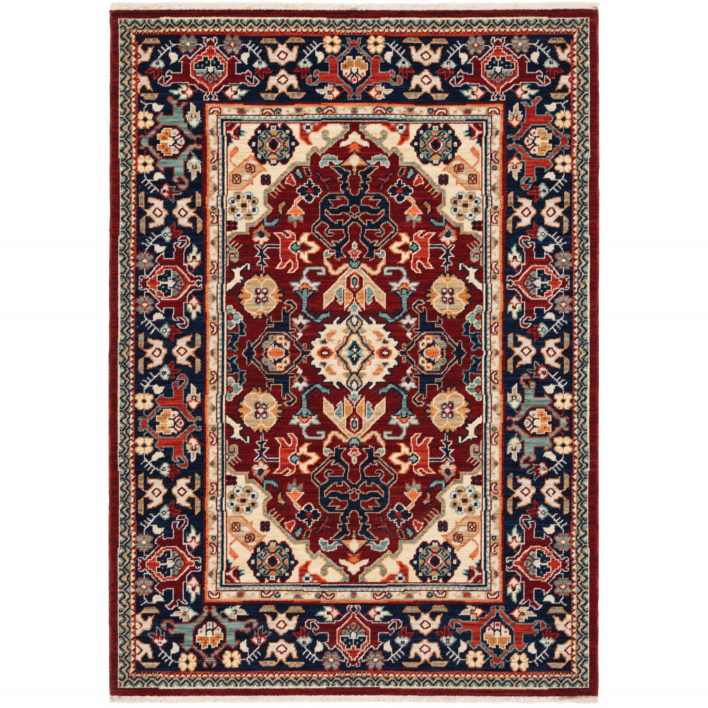 6 X 9 Red Blue Orange And Beige Oriental Power Loom Stain Resistant Area Rug With Fringe