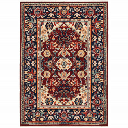10 X 13 Red Blue Orange And Beige Oriental Power Loom Stain Resistant Area Rug With Fringe