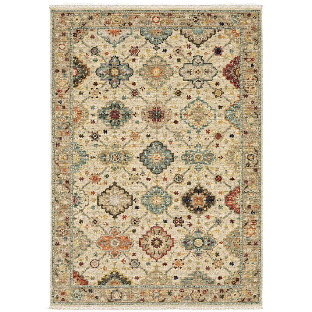 6 X 9 Beige Pale Blue Rust gold Tan Brown And Orange Oriental Power Loom Stain Resistant Area Rug With Fringe
