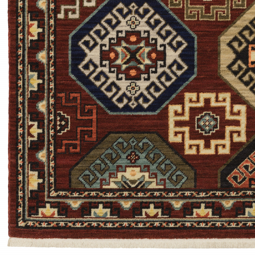 8 X 11 Red Blue Brown And Beige Oriental Power Loom Stain Resistant Area Rug With Fringe