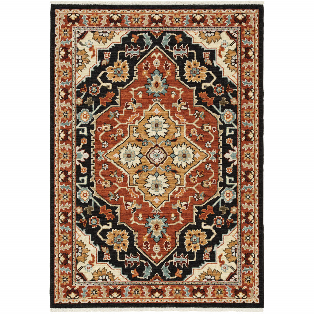 8 X 11 Black Orange And Beige Oriental Power Loom Stain Resistant Area Rug With Fringe
