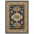 8 X 11 Navy charcoal Orange Rust gold Pale Blue Olive Beige And Salmon Oriental Power Loom Stain Resistant Area Rug With Fringe