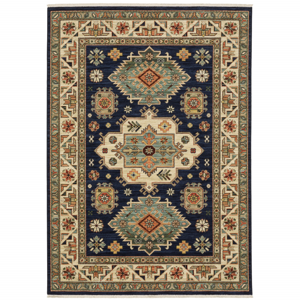 8 X 11 Navy charcoal Orange Rust gold Pale Blue Olive Beige And Salmon Oriental Power Loom Stain Resistant Area Rug With Fringe