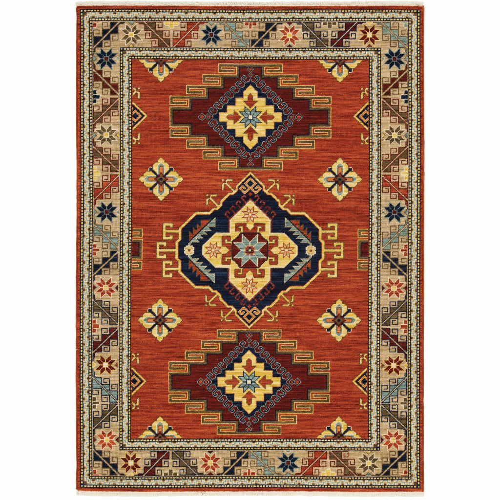 6 X 9 Red gold Blue Brown Oriental Power Loom Stain Resistant Area Rug With Fringe