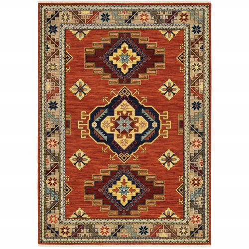 10 X 13 Red gold Blue Brown Oriental Power Loom Stain Resistant Area Rug With Fringe