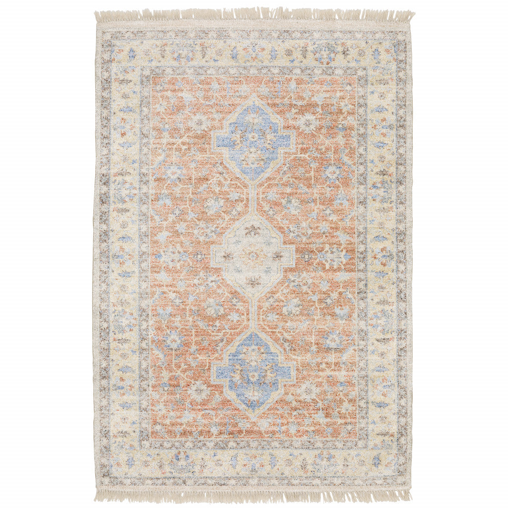 8 X 10 Orange And Blue Oriental Hand Loomed Stain Resistant Area Rug With Fringe