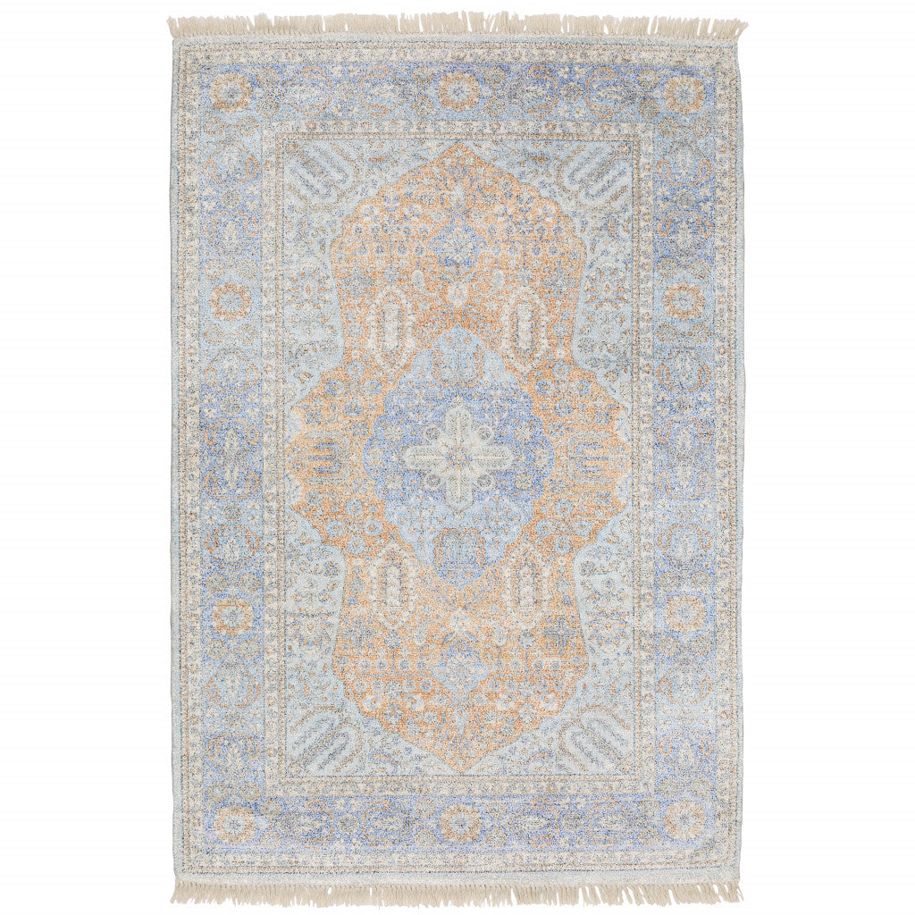 8 X 10 Blue And Red Oriental Hand Loomed Stain Resistant Area Rug With Fringe
