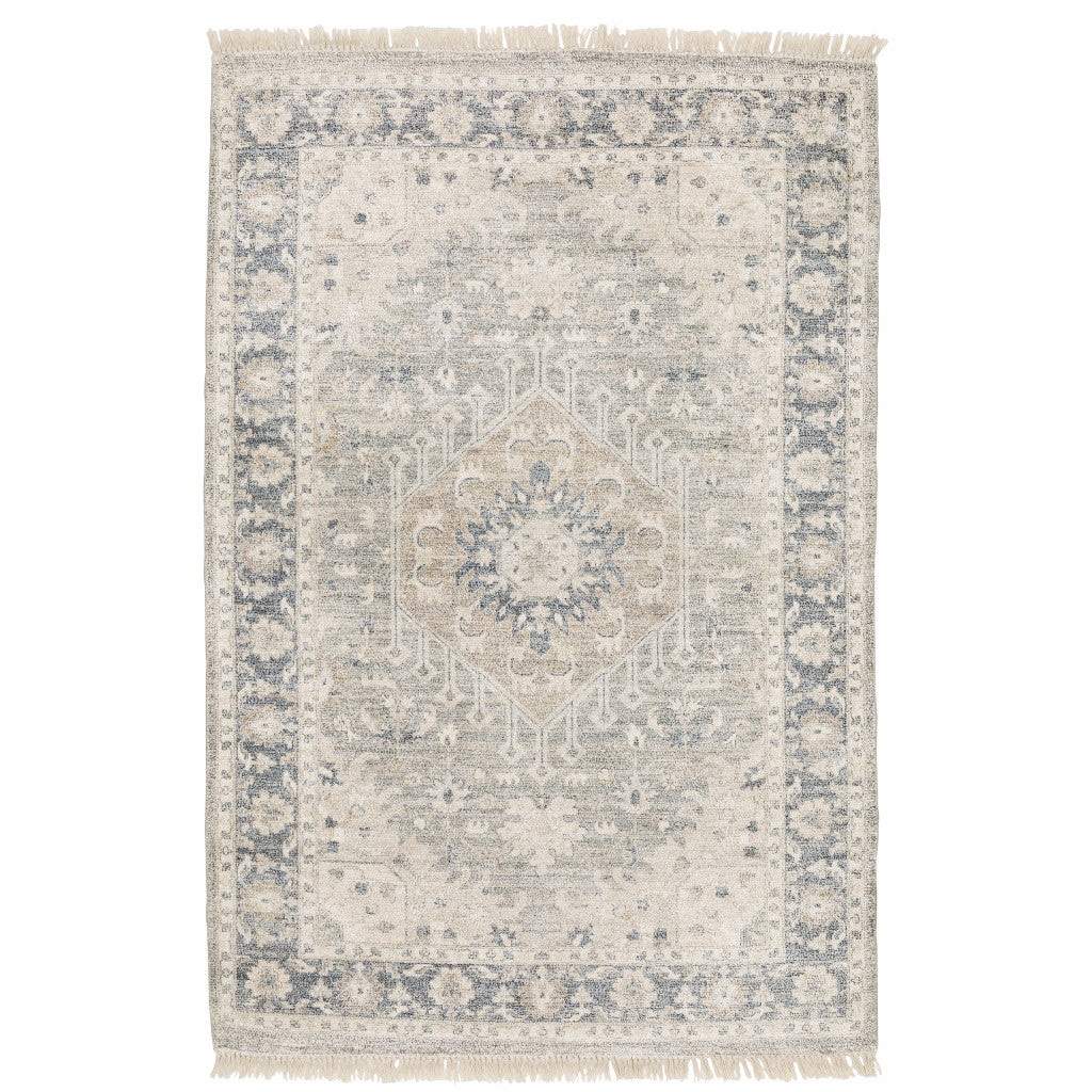 8 X 10 Beige And grey Oriental Hand Loomed Stain Resistant Area Rug With Fringe
