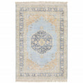 8 X 10 Blue And Beige Oriental Hand Loomed Stain Resistant Area Rug With Fringe