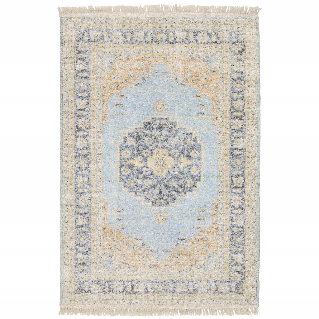 8 X 10 Blue And Beige Oriental Hand Loomed Stain Resistant Area Rug With Fringe