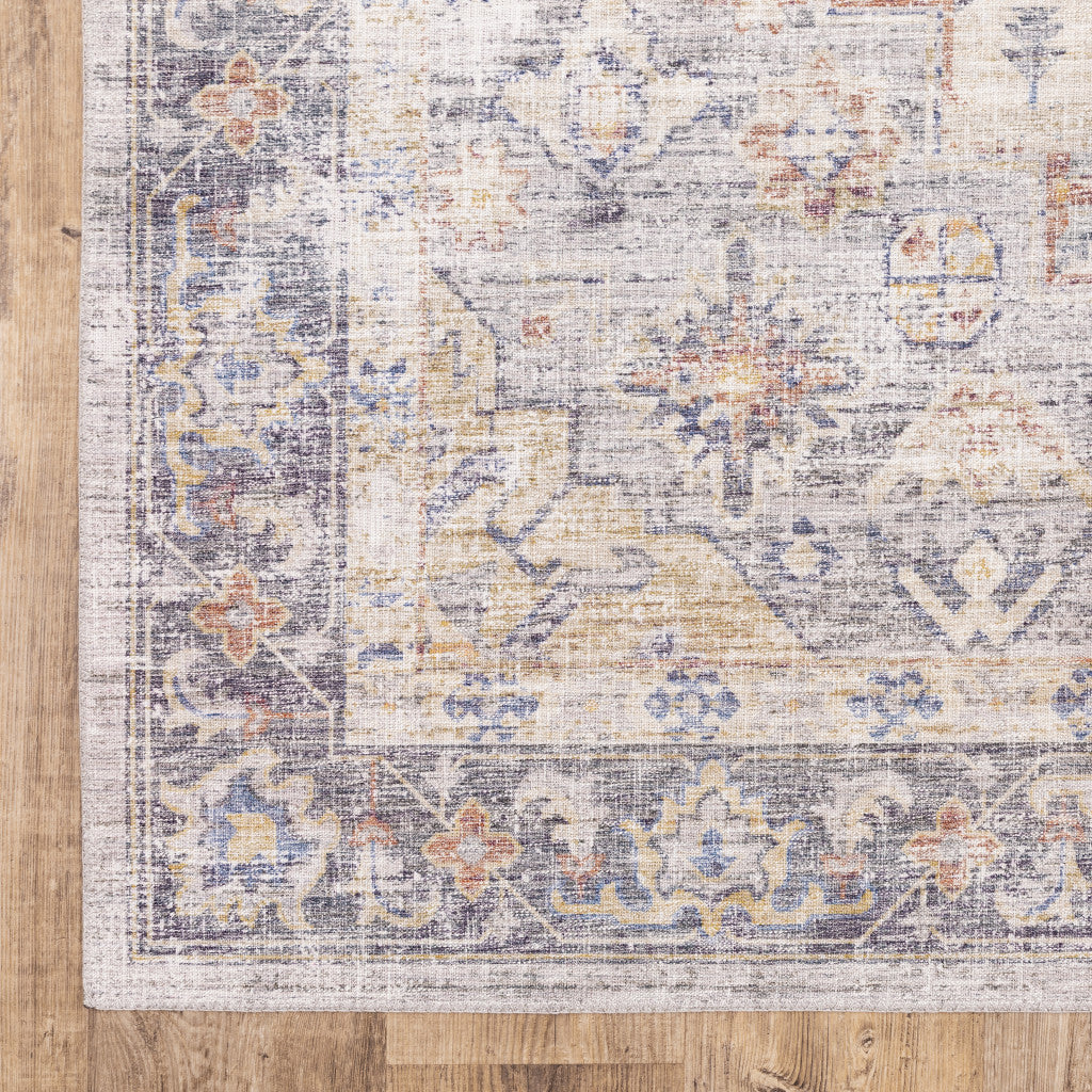 9 X 12 Blue gold grey Orange Yellow And Purple Oriental Power Loom Stain Resistant Area Rug