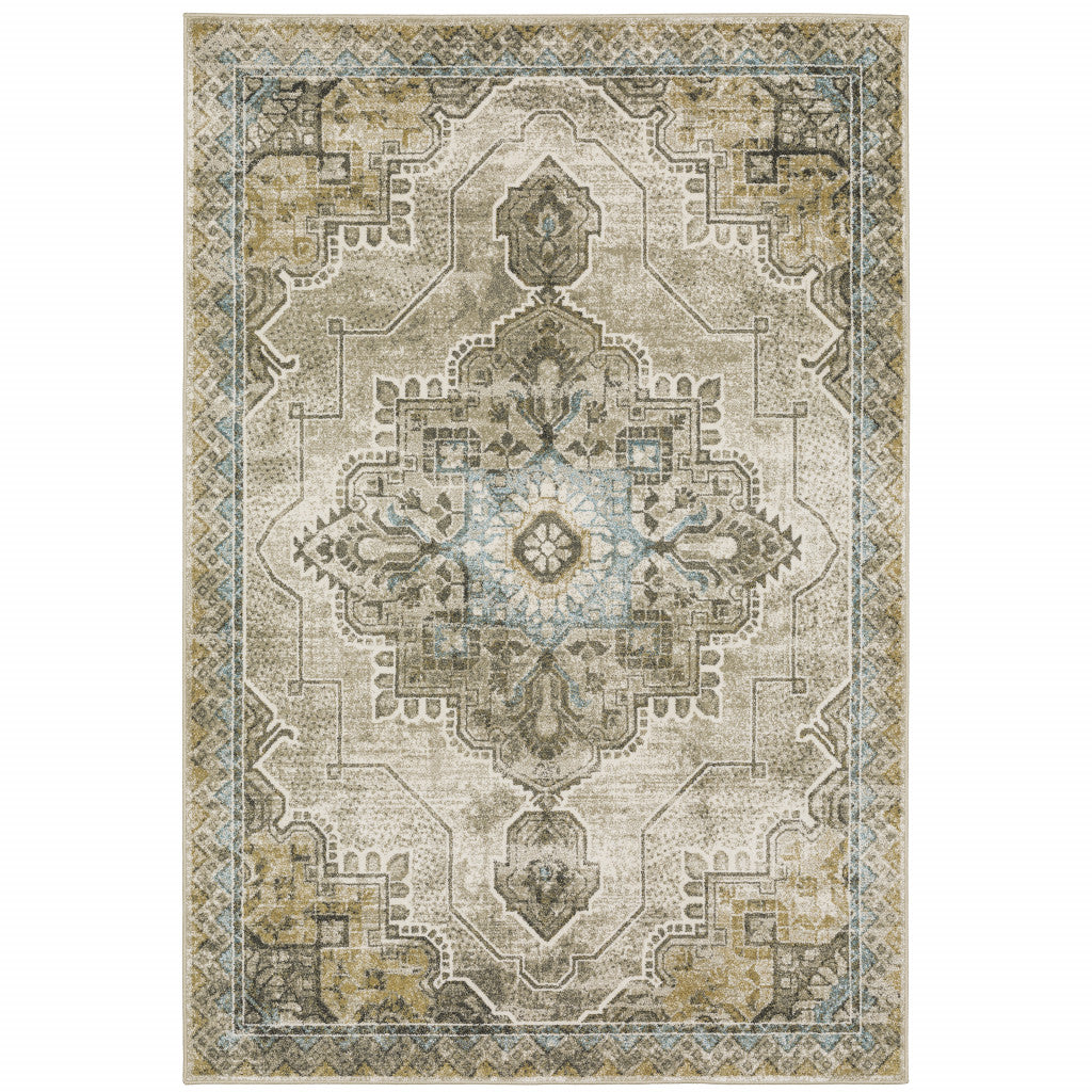 8 X 10 grey Blue Beige And gold Oriental Power Loom Stain Resistant Area Rug