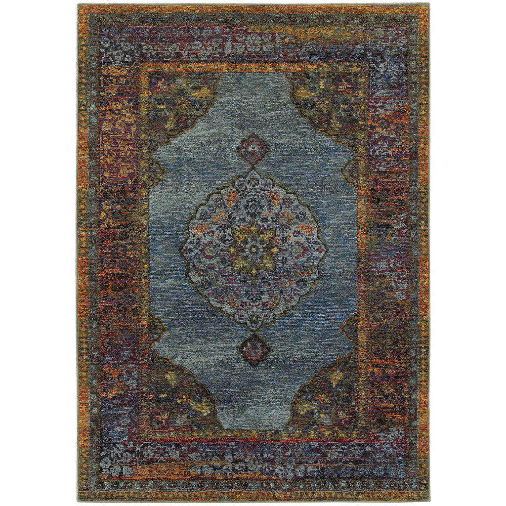 9 X 12 Blue gold green Red Orange And Purple Oriental Power Loom Stain Resistant Area Rug