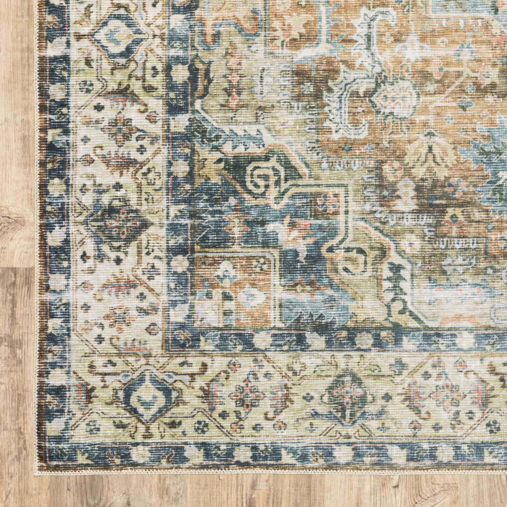7 X 10 Blue gold Brown green And Salmon Oriental Printed Stain Resistant Non Skid Area Rug