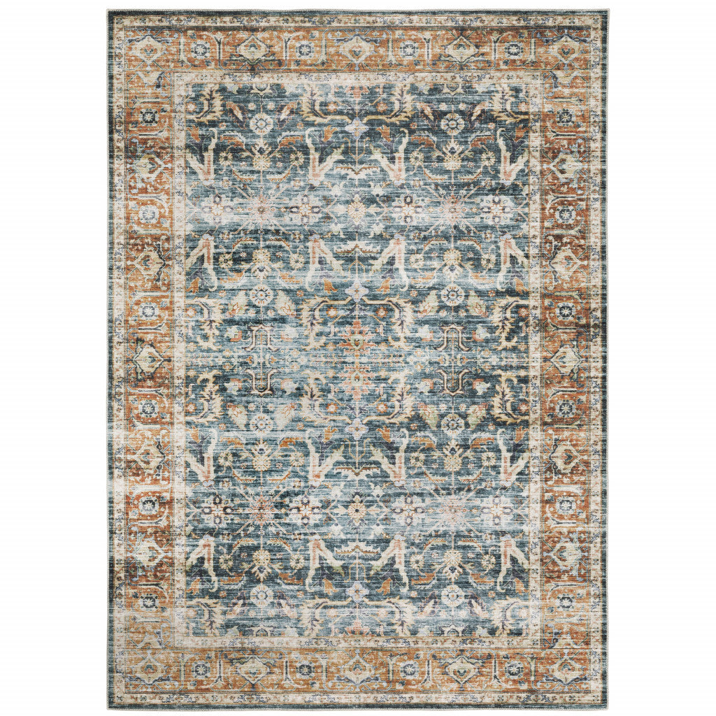 7 X 10 Blue Rust gold And Olive Oriental Printed Stain Resistant Non Skid Area Rug