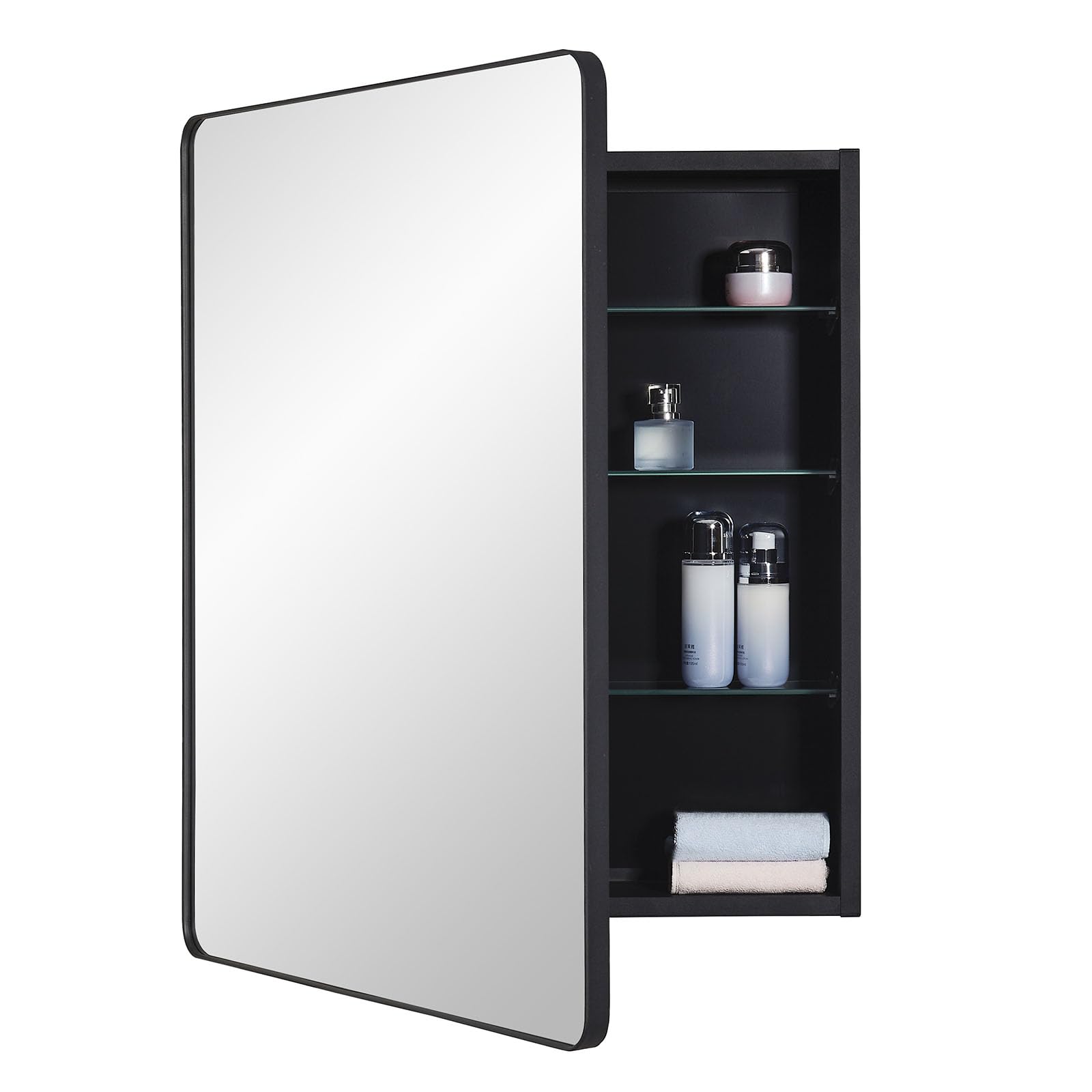 IDYLLOR Black Bathroom Mirror Medicine Cabinet with Round Corner Framed Door 24 x 30 inch, Recessed or Surface Mount, with Adjus