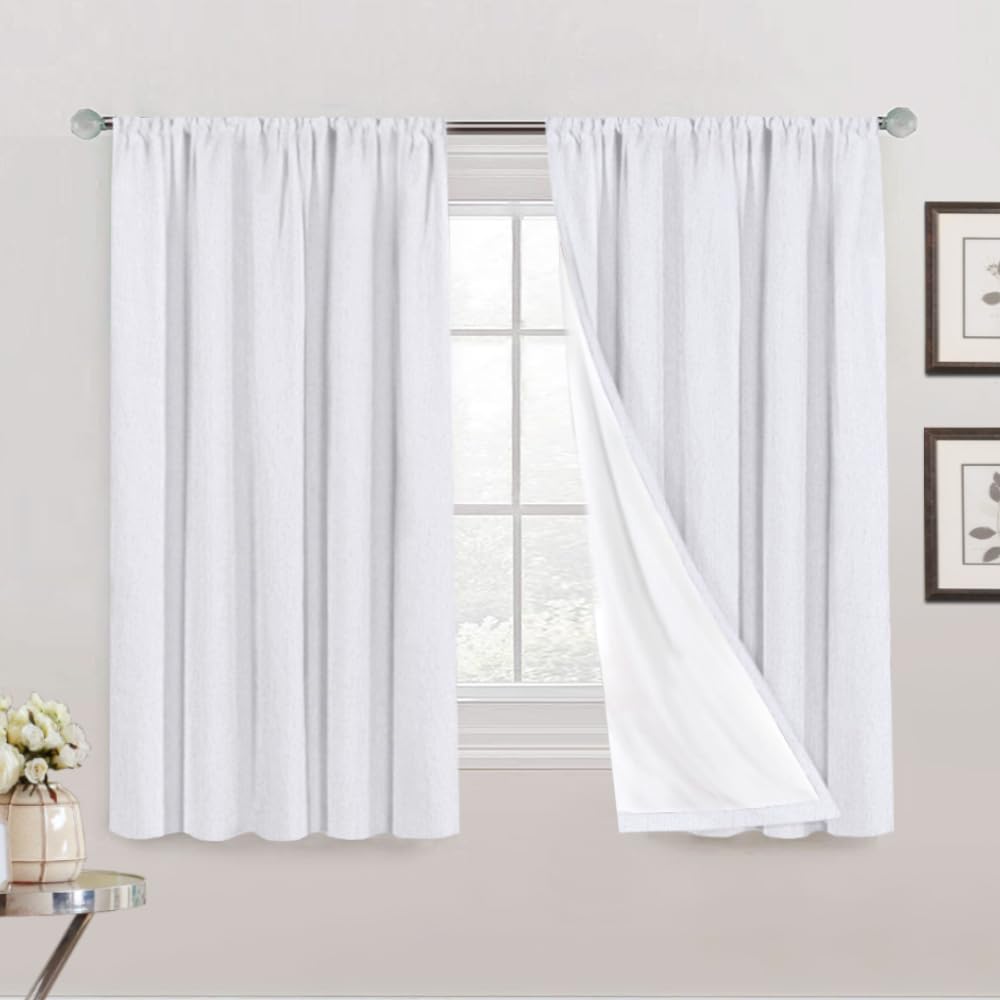 PrinceDeco Blackout Curtains 63 Inches Long 100% Blackout Curtains for Bedroom Rod Pocket Linen Textured Curtains Energy Saving 