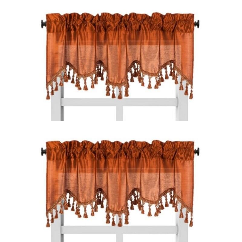Solid Faux Silk Swag Waterfall Cascade Ascot Window Curtain Valance w/Tassels Trim 55  x18  Wave (2, Brick)