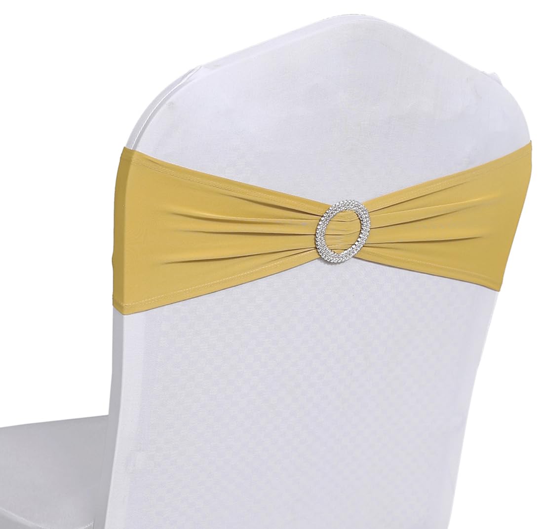MDS-MEGADECORSUPPLY Chair Sashes, Pack of 100 Gold, Spandex, Stretch Chair Cover Bands with Buckle Slider for Wedding and Events