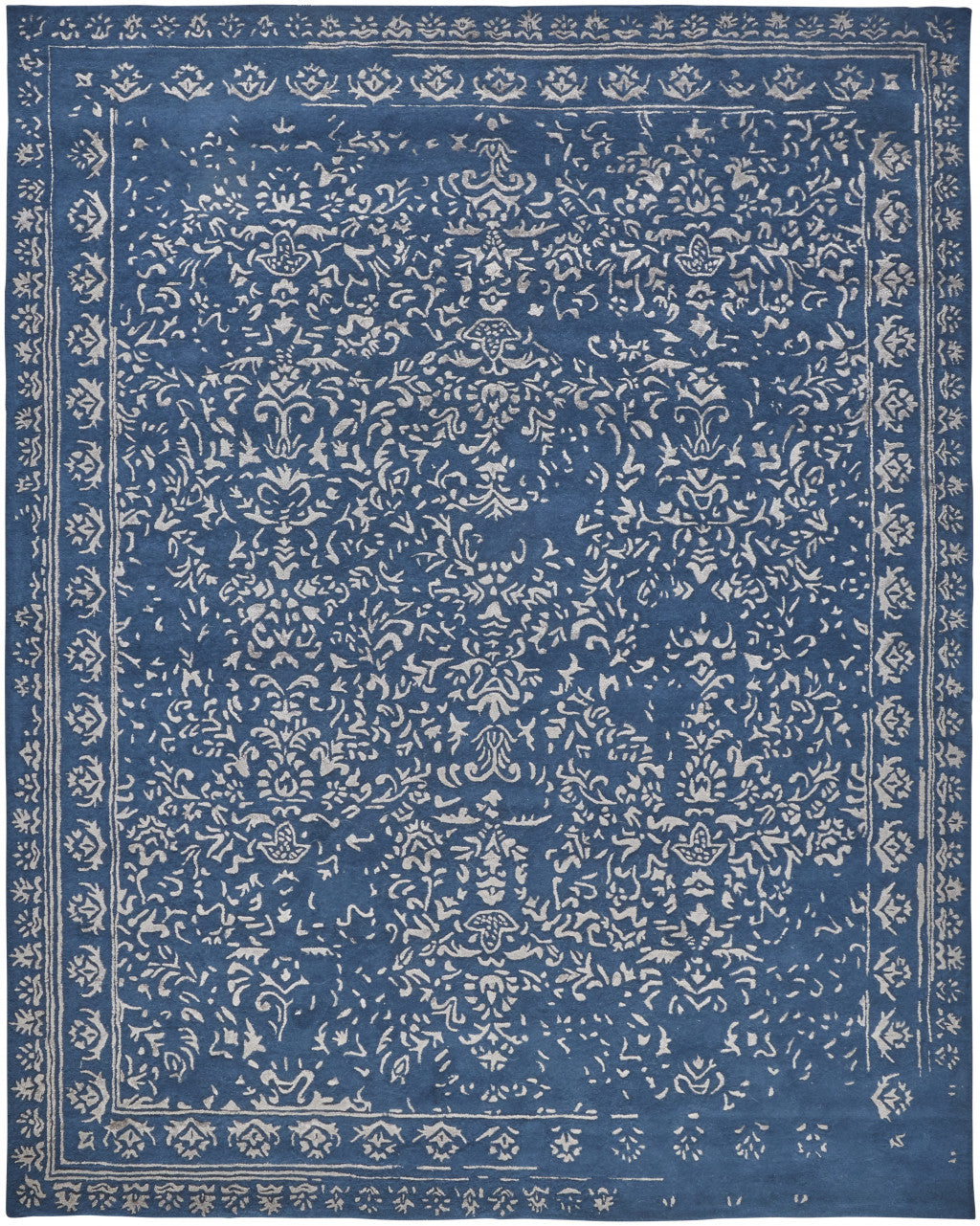 8 X 10 Blue And Silver Wool Floral Tufted Handmade Distressed Area Rug