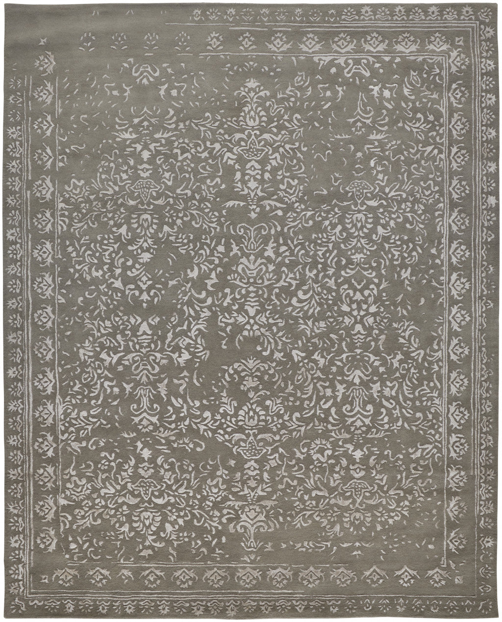 8 X 10 gray Taupe And Silver Wool Floral Tufted Handmade Distressed Area Rug