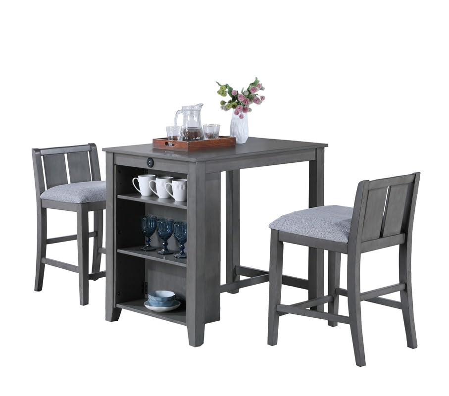 Graham 3-Piece Gray Finish Small Space Counter Height Dining Table with Shelves and 2 Chairs