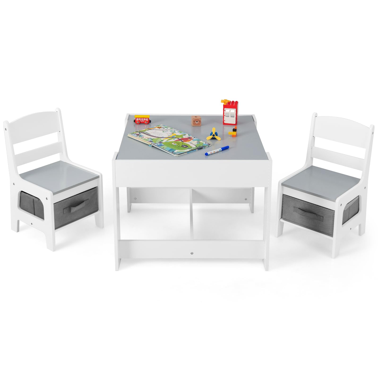 HONEY JOY Kids Table and Chairs, 4-in-1 Children Wooden Activity Set w/Double Bookshelves, Storage, Detachable Tabletop, for Art
