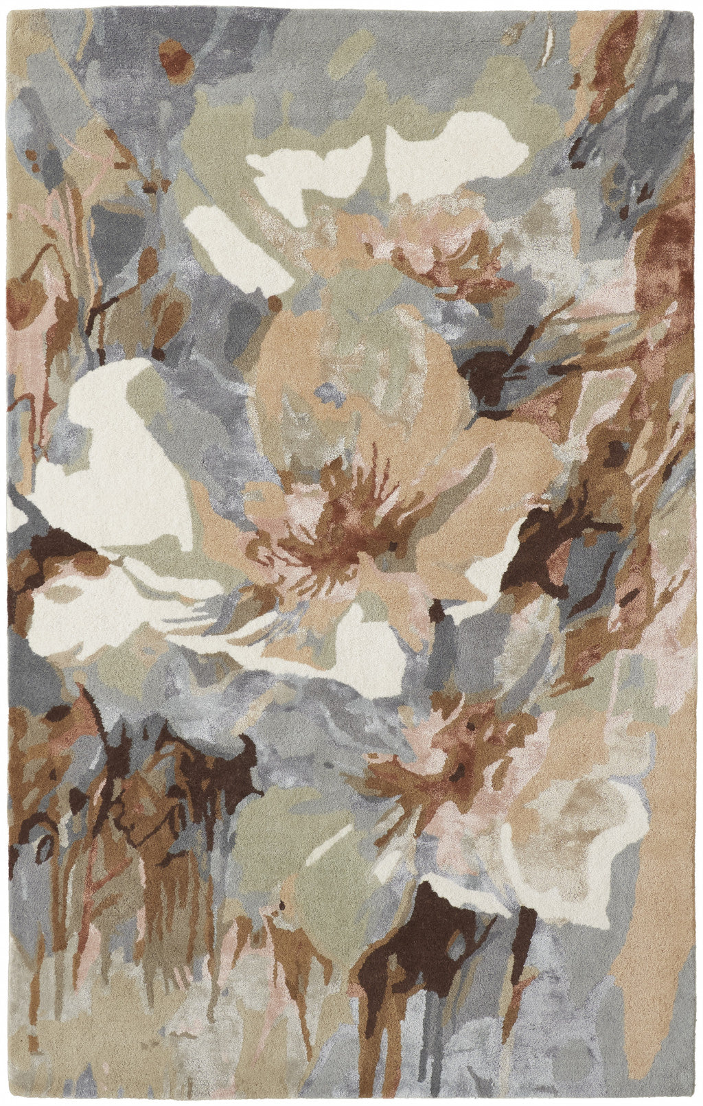 8 X 10 Tan gray And green Wool Floral Tufted Handmade Area Rug