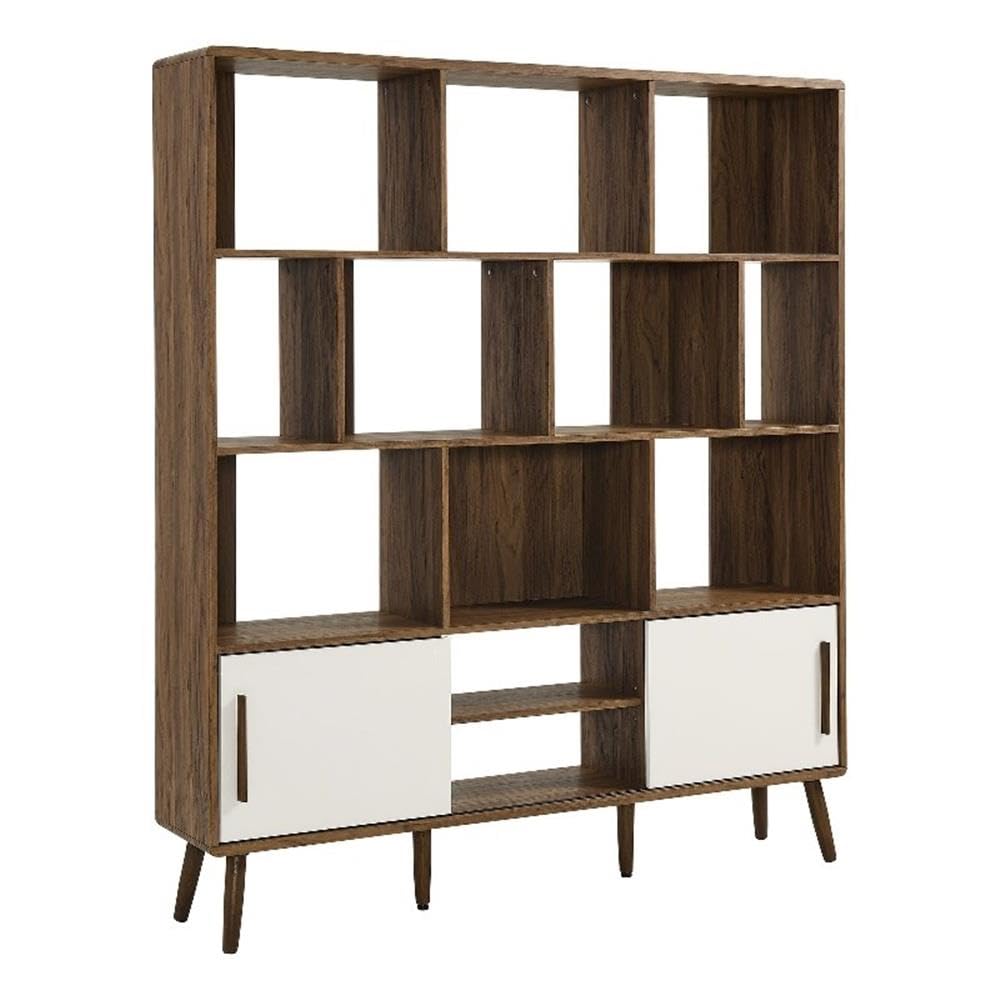 Modway Transmit 14 Shelf Bookcase with Sliding Doors in Walnut Linen - 59 Inch Wood Mid-Century Modern Bookshelf - 4 Tier Wide O