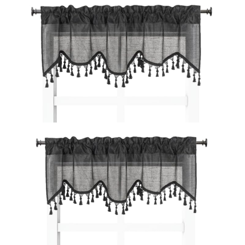 Solid Faux Silk Swag Waterfall Cascade Ascot Window Curtain Valance w/Tassels Trim 55  x18  Wave (2, Charcoal Grey)