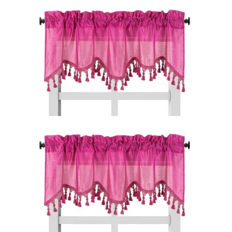 Solid Faux Silk Swag Waterfall Cascade Ascot Window Curtain Valance w/Tassels Trim 55  x18  Wave (2, HOT Pink)