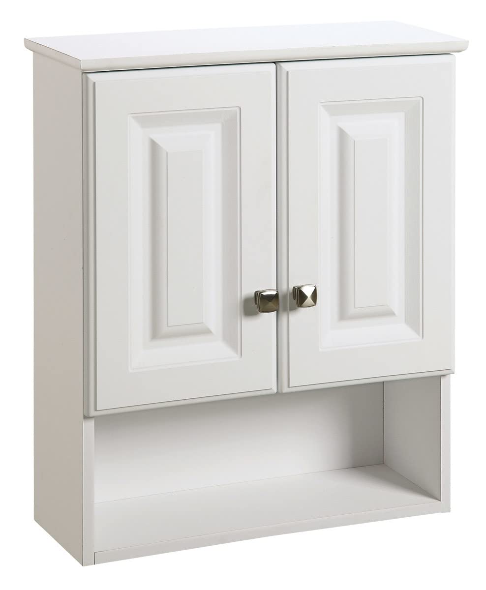 Design House Wyndham Wall Cabinet, 2 Doors, 1 Adjustable Interior Shelf, Bottom Display Shelf, Satin Nickel Hardware, Easy Assem