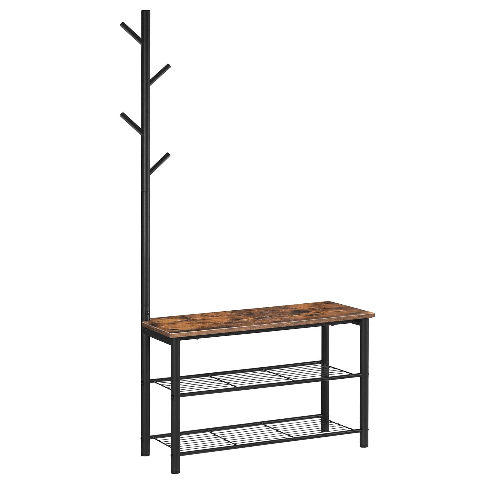 HOOBRO Coat Rack Shoe Bench, 3-Tier Shoe Rack, Industrial Shoe Organizer Storage Bench, Entry Bench with Mesh Shelves, for Entry