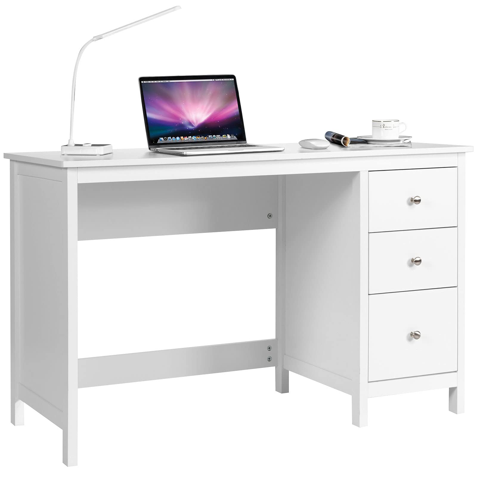 Tangkula White Desk with Drawers, Modern Home Office Computer Desk with Storage Drawers & Spacious Desktop, Compact Writing Stud