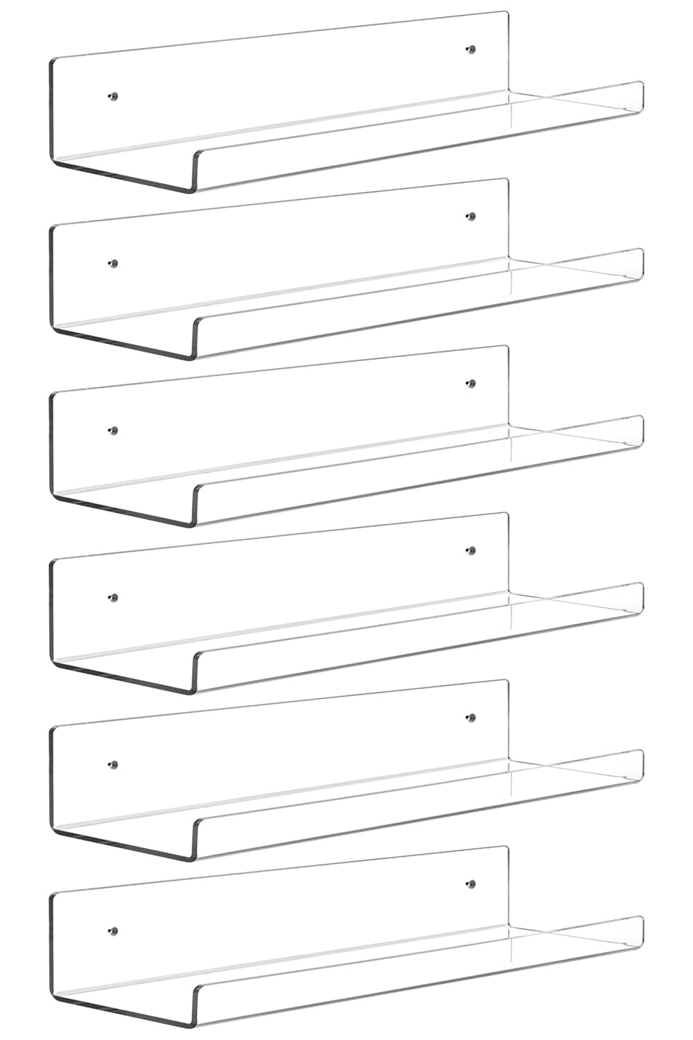 Dezzer 6 Pack Acrylic Shelves for Wall, 15 Clear Acrylic Floating Shelves for Bathroom Bedroom, Invisible Bookshelf Wall Ledge S