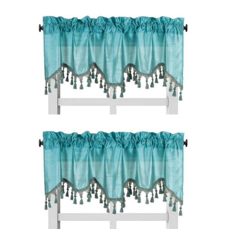 Solid Faux Silk Swag Waterfall Cascade Ascot Window Curtain Valance w/Tassels Trim 55  x18  Wave (2, Teal)