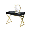 Benjara Vanity Desk with Round Mirror and Cross Metal Legs, Black and Gold