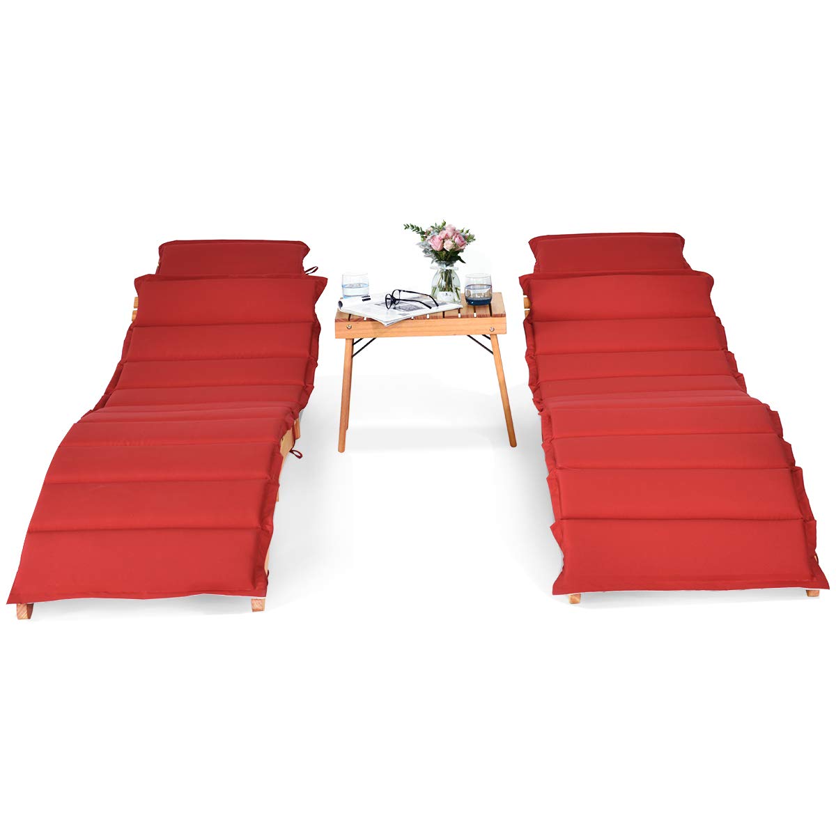 DORTALA 3 Pieces Folding Patio Lounge Chair Set, Eucalyptus Outdoor Lounger Chair w/Foldable Side Table, Double-Sided Cushion Lo