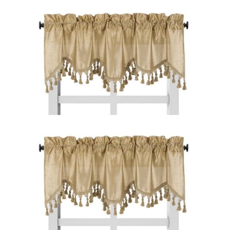 Solid Faux Silk Swag Waterfall Cascade Ascot Window Curtain Valance w/Tassels Trim 55  x18  Wave (2, Gold)