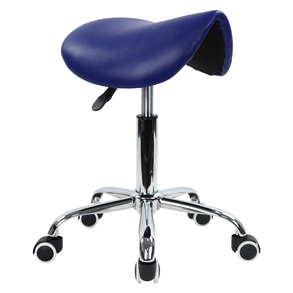 KKTONER Rolling Saddle Stool PU Leather Swivel Adjustable Rolling Stool with Wheels Salon Chair (Blue)