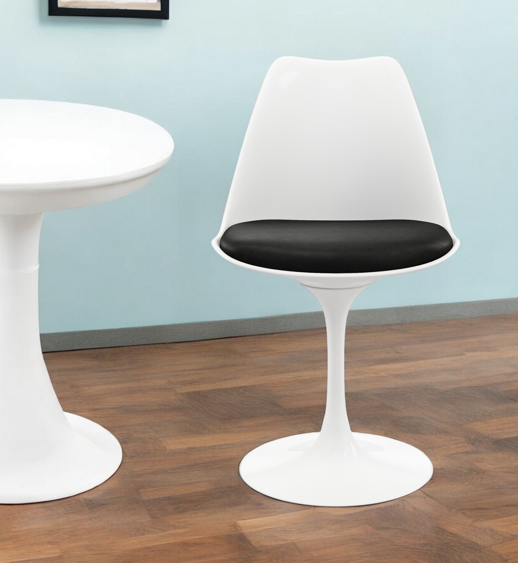 White Heavy Duty Plastic Dining Side Chair With Black Faux Leather Cushion