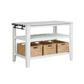 Benjara Tier Kitchen Island with 3 Seagrass Removable Baskets, White