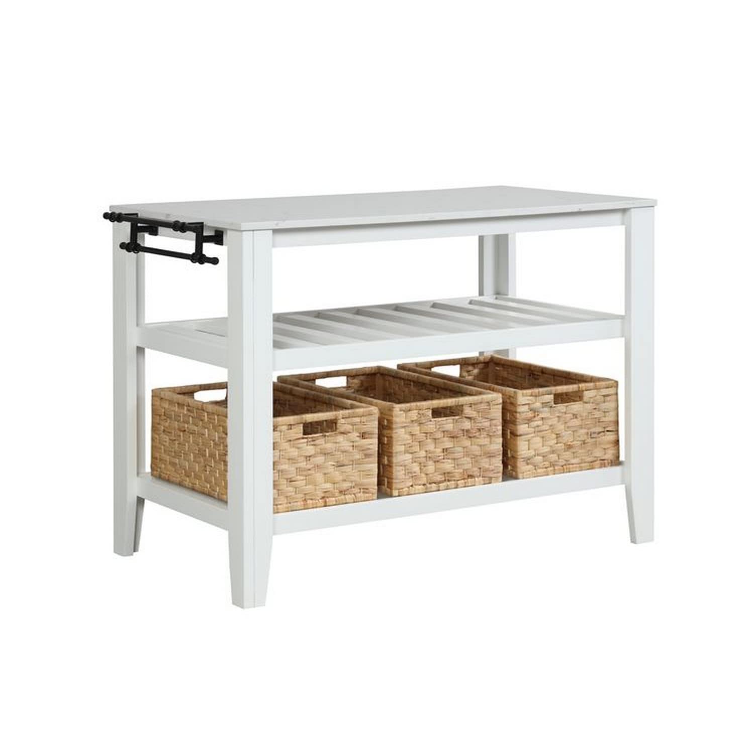 Benjara Tier Kitchen Island with 3 Seagrass Removable Baskets, White