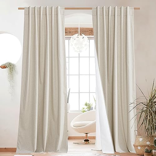 NICETOWN Natural 100% Blackout Linen Curtains 84 Long Burg, Farmhouse Thick Completely Blackout Window Treatment Panels Thermal 