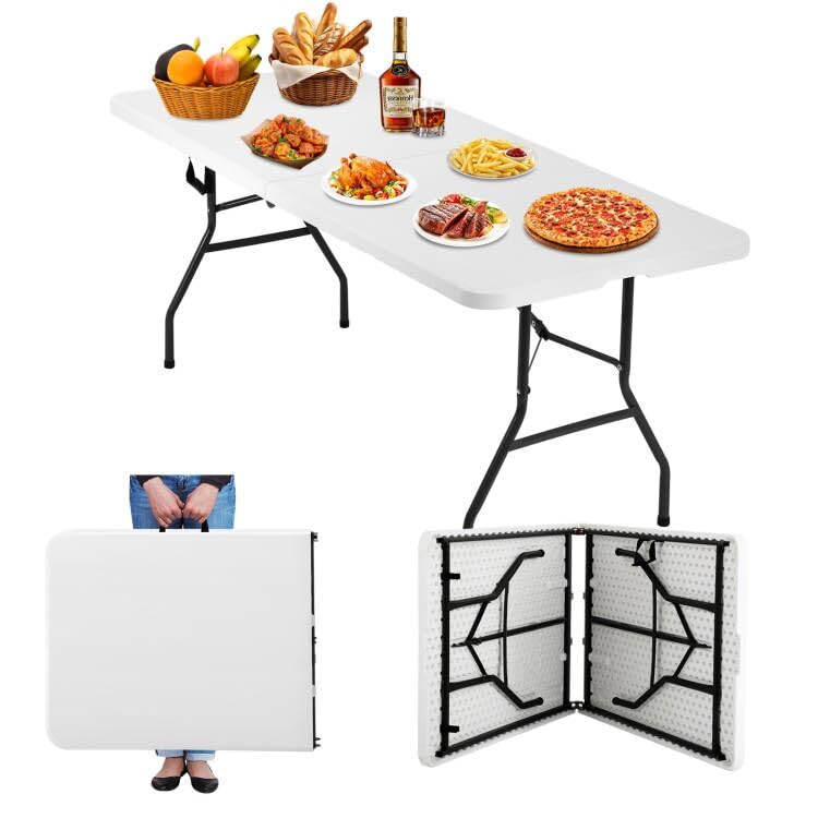 Folding Table | 6 ft Folding Picnic Table Portable | Heavy Duty Dining Table | Fold in Half with Handle and Sturdy Steel Frame f