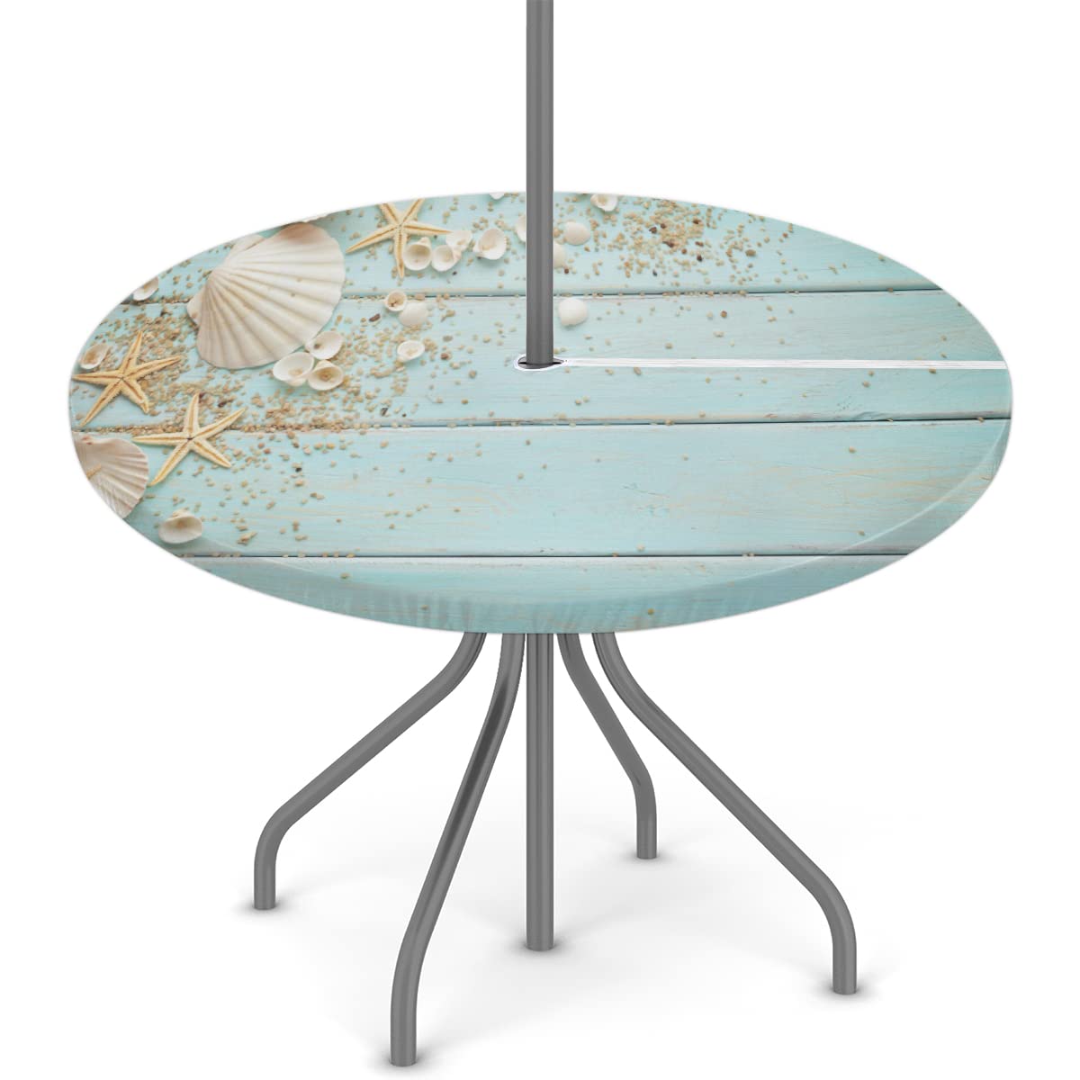 Wooden Seashell Round Outdoor Fitted Tablecloth with Umbrella Hole Zipper, Ocean Starfish Elastic Edged Table Cloth Waterproof W