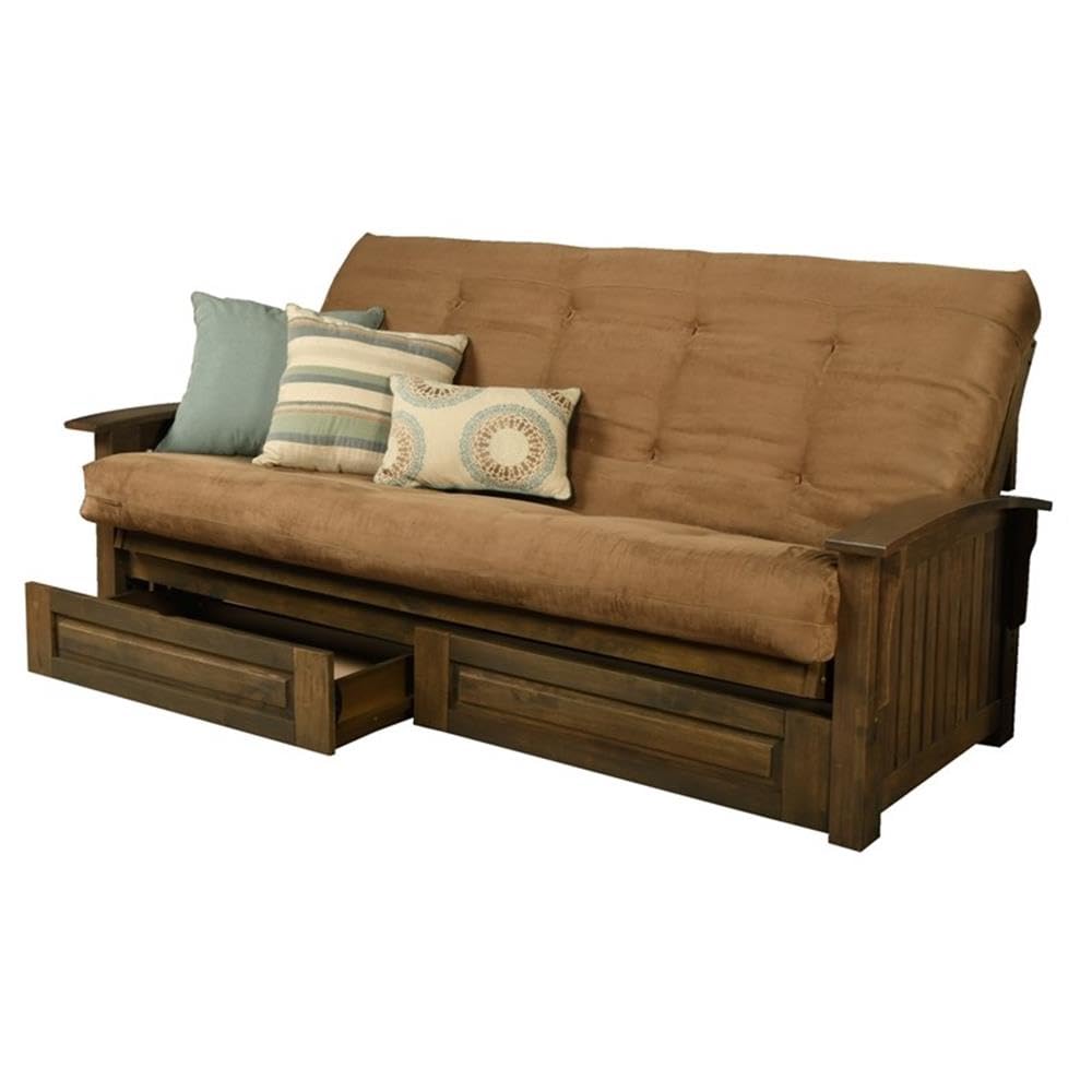 Kodiak Furniture Washington Queen Size Futon Frame with Storage Drawers - Wood Futon Frame with Mattress Included in Suede Peat 
