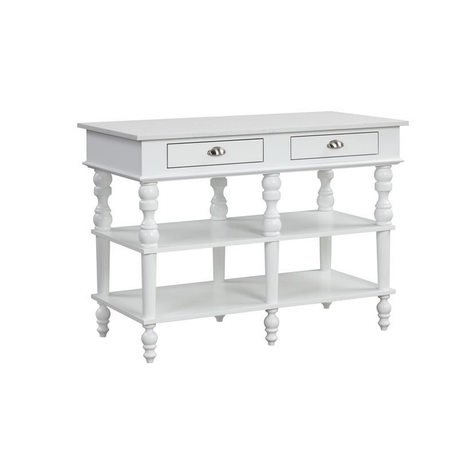 Benjara Kitchen Island with Artificial Marble Top and Turned Legs, White