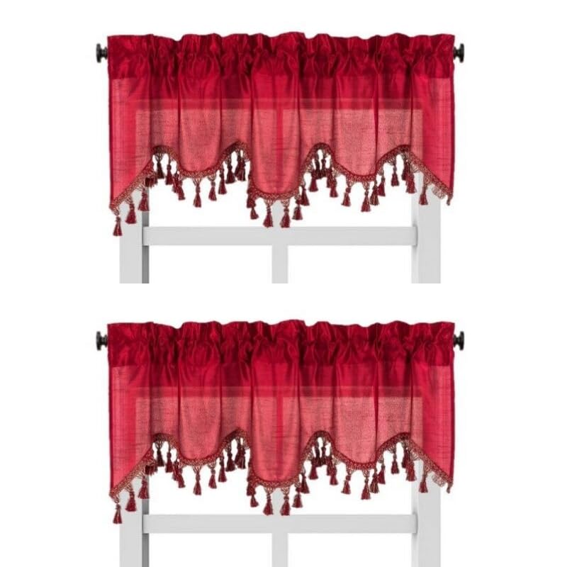 Solid Faux Silk Swag Waterfall Cascade Ascot Window Curtain Valance w/Tassels Trim 55  x18  Wave (2, Burgundy)