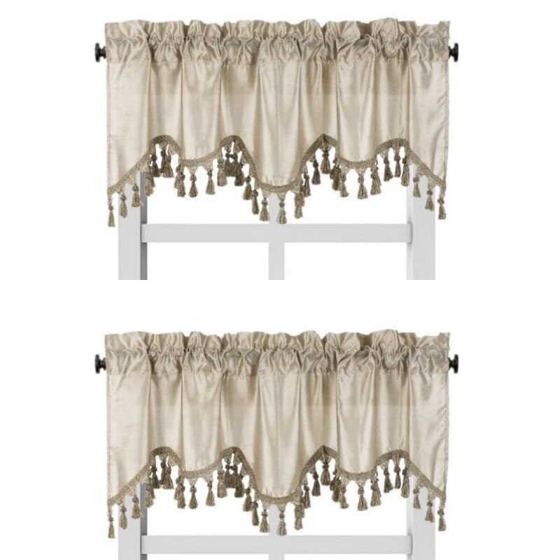 Solid Faux Silk Swag Waterfall Cascade Ascot Window Curtain Valance w/Tassels Trim 55  x18  Wave (2, Taupe TAN)